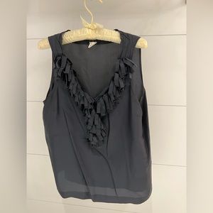 J. Crew black silk v neck tank top with shag detailing